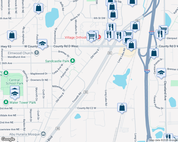 map of restaurants, bars, coffee shops, grocery stores, and more near 3050 Old Highway 8 in Roseville