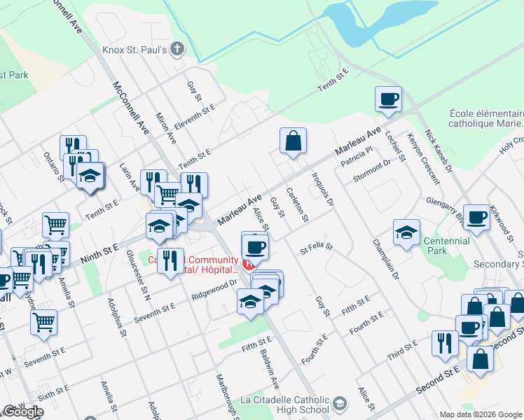 map of restaurants, bars, coffee shops, grocery stores, and more near 822 Alice Street in Cornwall