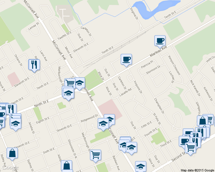 map of restaurants, bars, coffee shops, grocery stores, and more near 822 Alice Street in Cornwall