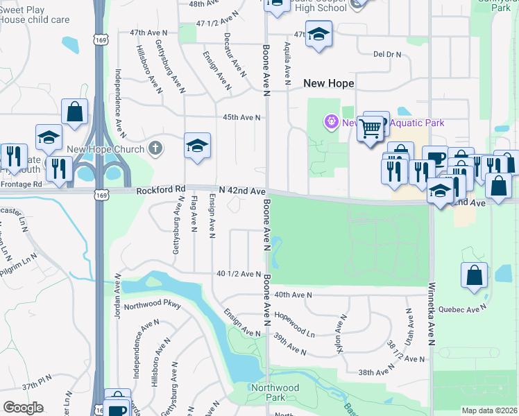 map of restaurants, bars, coffee shops, grocery stores, and more near 8805 North 42nd Avenue in Minneapolis