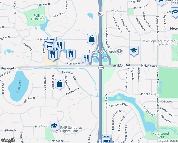 map of restaurants, bars, coffee shops, grocery stores, and more near Rockford Road in Plymouth