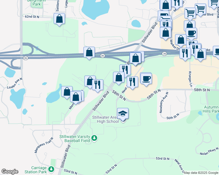 map of restaurants, bars, coffee shops, grocery stores, and more near Stillwater Boulevard North in Stillwater