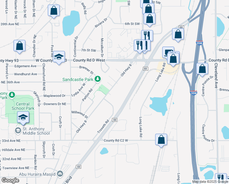 map of restaurants, bars, coffee shops, grocery stores, and more near 2400 Brenner Court in Roseville
