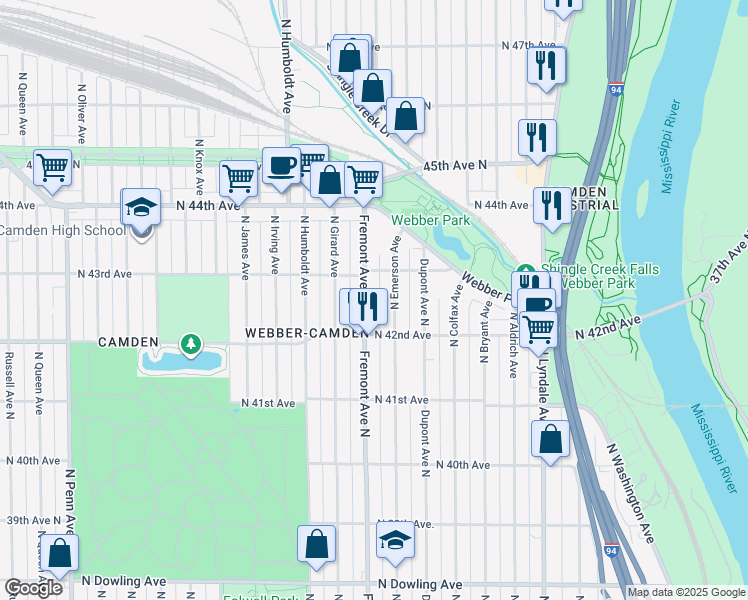 map of restaurants, bars, coffee shops, grocery stores, and more near 4238 North Fremont Avenue in Minneapolis