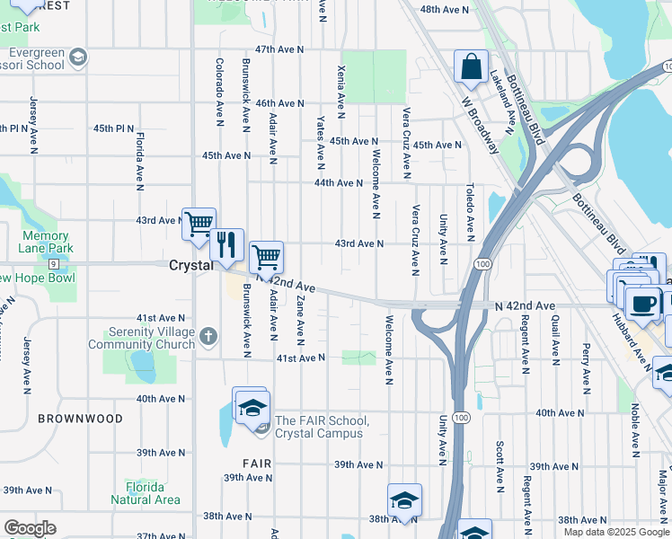 map of restaurants, bars, coffee shops, grocery stores, and more near 4239 Xenia Avenue North in Minneapolis