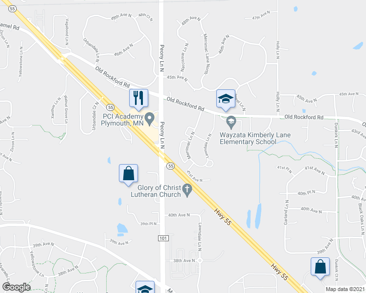 map of restaurants, bars, coffee shops, grocery stores, and more near 4275 Merrimac Lane North in Plymouth