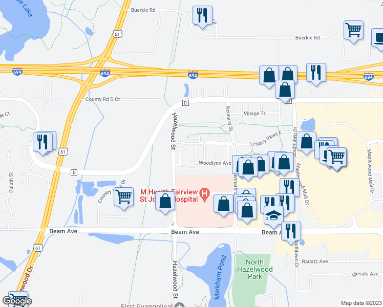 map of restaurants, bars, coffee shops, grocery stores, and more near 3033 Chamberlin Street North in Maplewood