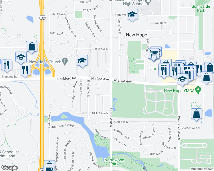 map of restaurants, bars, coffee shops, grocery stores, and more near 4151 Boone Avenue North in New Hope