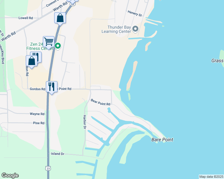 map of restaurants, bars, coffee shops, grocery stores, and more near 1171 Bare Point Rd in Alpena