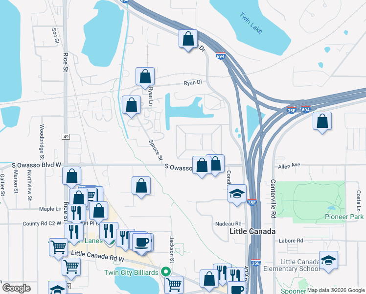 map of restaurants, bars, coffee shops, grocery stores, and more near 49 Little Circle Drive in Little Canada