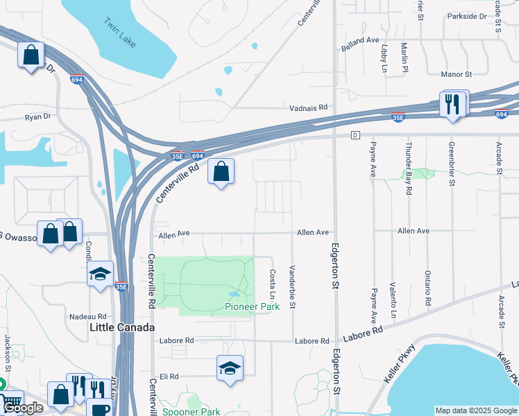 map of restaurants, bars, coffee shops, grocery stores, and more near 3034 Desoto Street in Little Canada