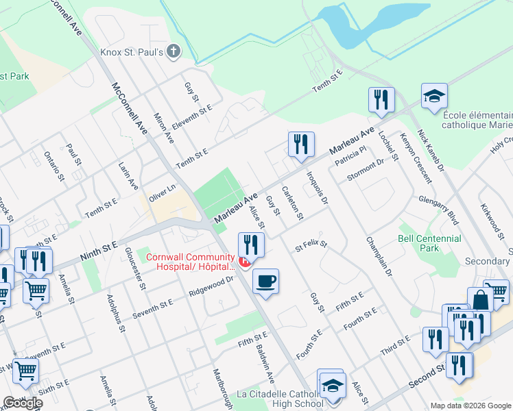 map of restaurants, bars, coffee shops, grocery stores, and more near 824 Alice Street in Cornwall