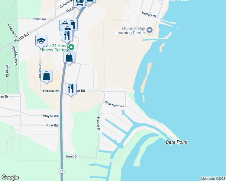 map of restaurants, bars, coffee shops, grocery stores, and more near 1137-1171 Bare Point Road in Alpena