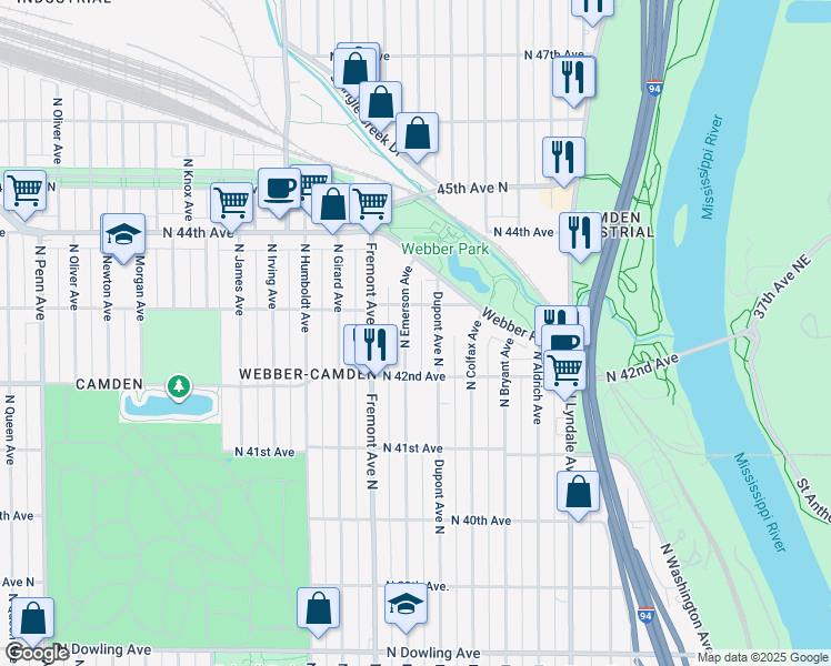map of restaurants, bars, coffee shops, grocery stores, and more near 4244 North Emerson Avenue in Minneapolis