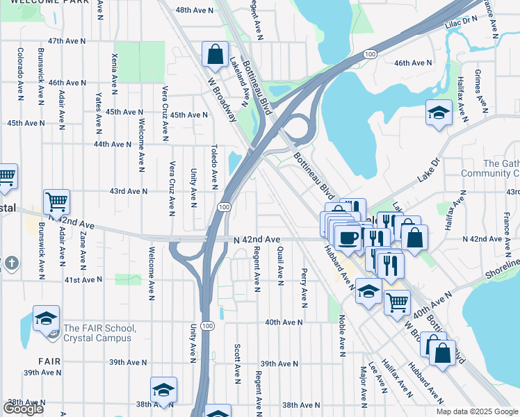 map of restaurants, bars, coffee shops, grocery stores, and more near 5024 42nd 1/2 Avenue North in Robbinsdale