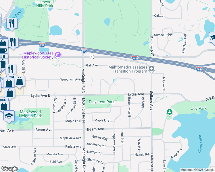 map of restaurants, bars, coffee shops, grocery stores, and more near 3023 North Lakewood Drive in Maplewood