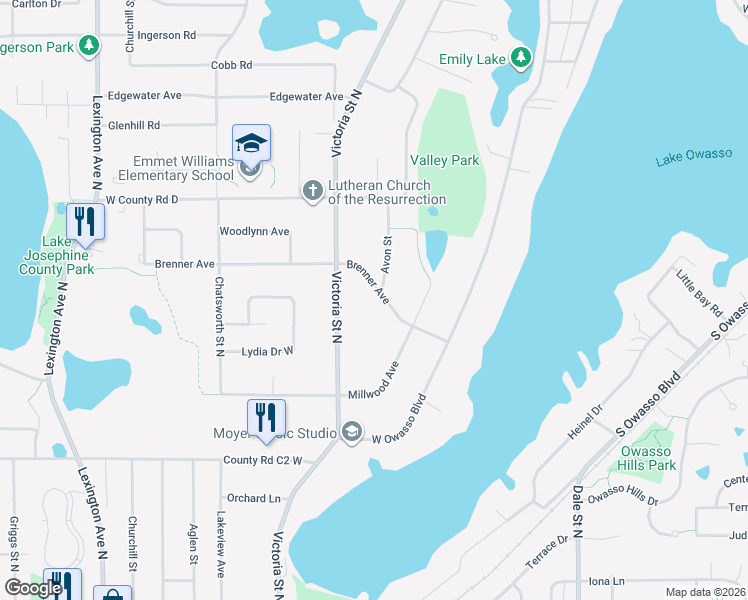 map of restaurants, bars, coffee shops, grocery stores, and more near 848 Brenner Avenue in Roseville