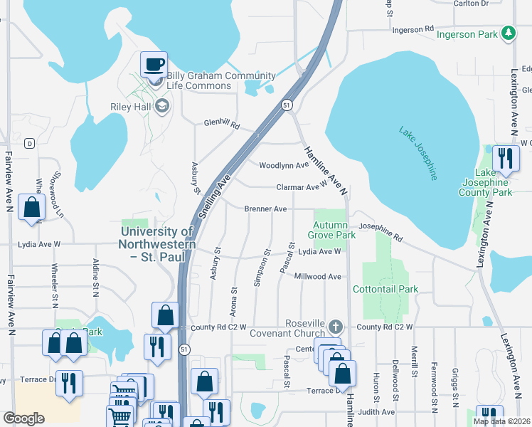 map of restaurants, bars, coffee shops, grocery stores, and more near 1463 Brenner Avenue in Roseville