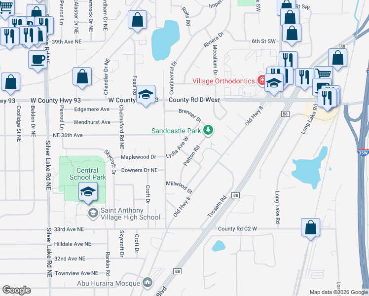 map of restaurants, bars, coffee shops, grocery stores, and more near 3051 Lydia Court in Roseville