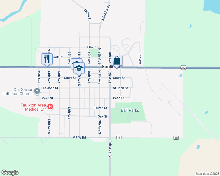 map of restaurants, bars, coffee shops, grocery stores, and more near 8th Avenue in Faulkton