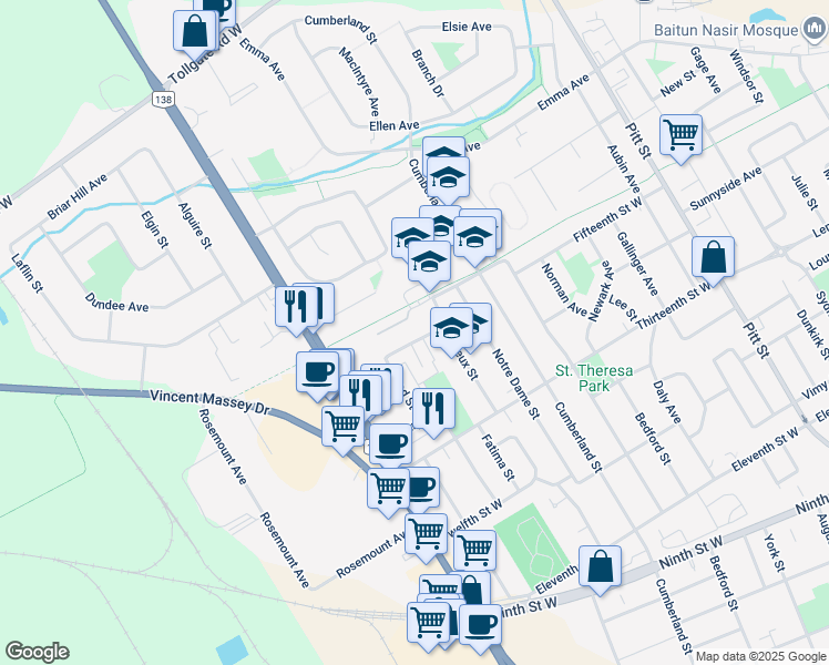 map of restaurants, bars, coffee shops, grocery stores, and more near 525 Fourteenth Street West in Cornwall