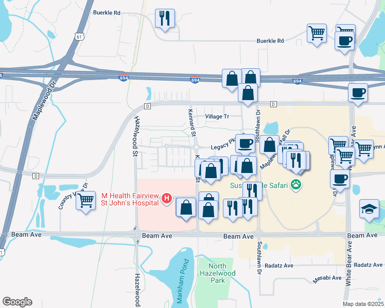map of restaurants, bars, coffee shops, grocery stores, and more near 5 Hemingway Trail North in Maplewood