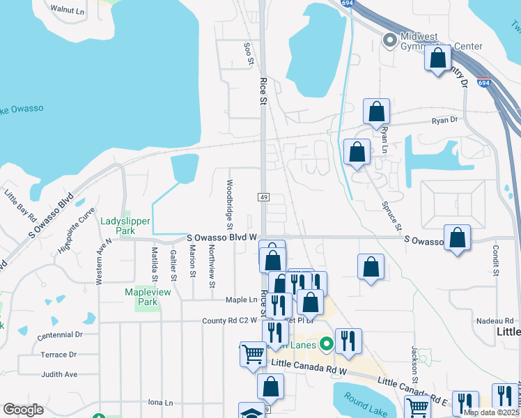 map of restaurants, bars, coffee shops, grocery stores, and more near 3035 Rice Street in Roseville