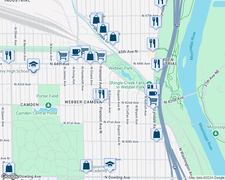 map of restaurants, bars, coffee shops, grocery stores, and more near 4244 North Emerson Avenue in Minneapolis