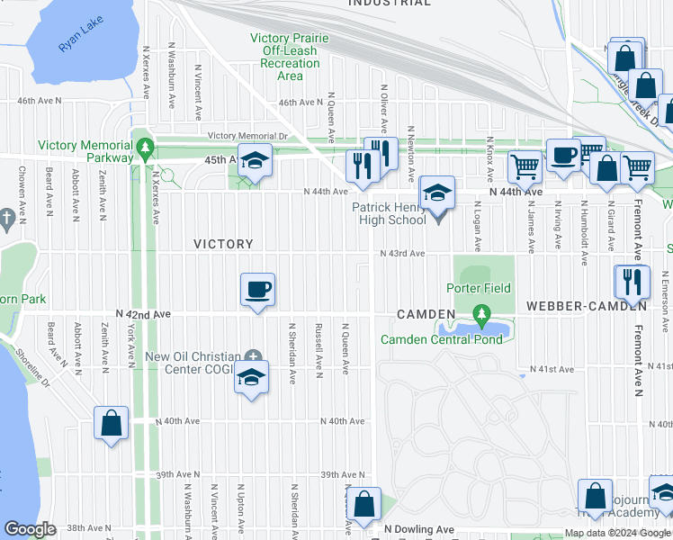 map of restaurants, bars, coffee shops, grocery stores, and more near 4254 Russell Avenue North in Minneapolis