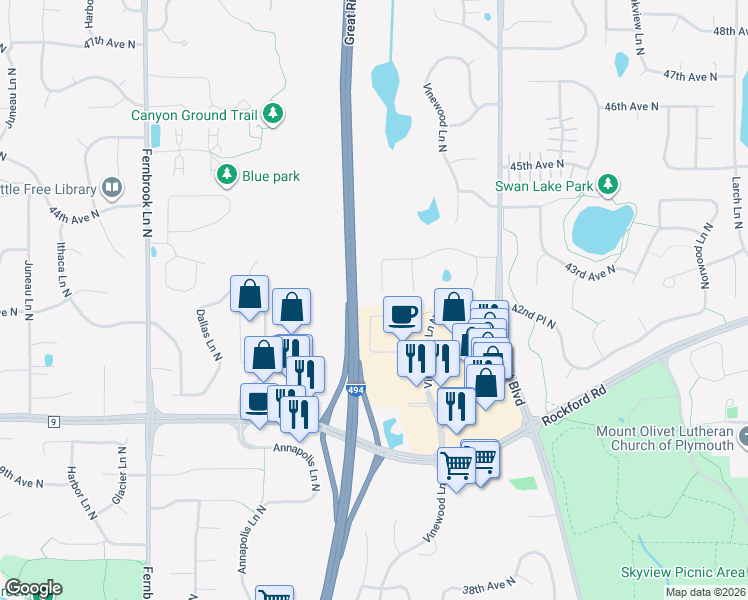 map of restaurants, bars, coffee shops, grocery stores, and more near 4215 Xenium Lane North in Plymouth