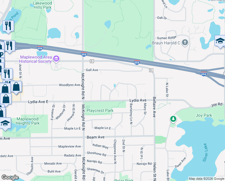 map of restaurants, bars, coffee shops, grocery stores, and more near North Lakewood Drive in Maplewood