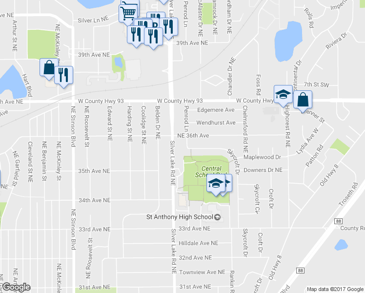 map of restaurants, bars, coffee shops, grocery stores, and more near 3532 Skycroft Drive in Minneapolis