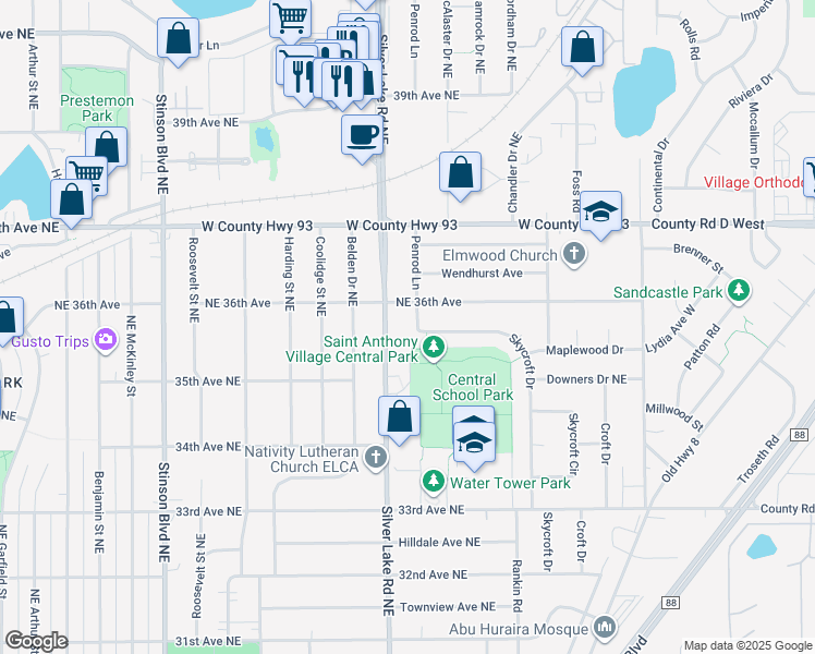 map of restaurants, bars, coffee shops, grocery stores, and more near 3532 Skycroft Drive in Minneapolis