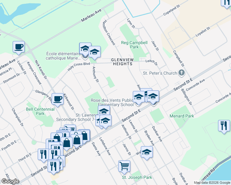 map of restaurants, bars, coffee shops, grocery stores, and more near 1513 Frances Ann Avenue in Cornwall