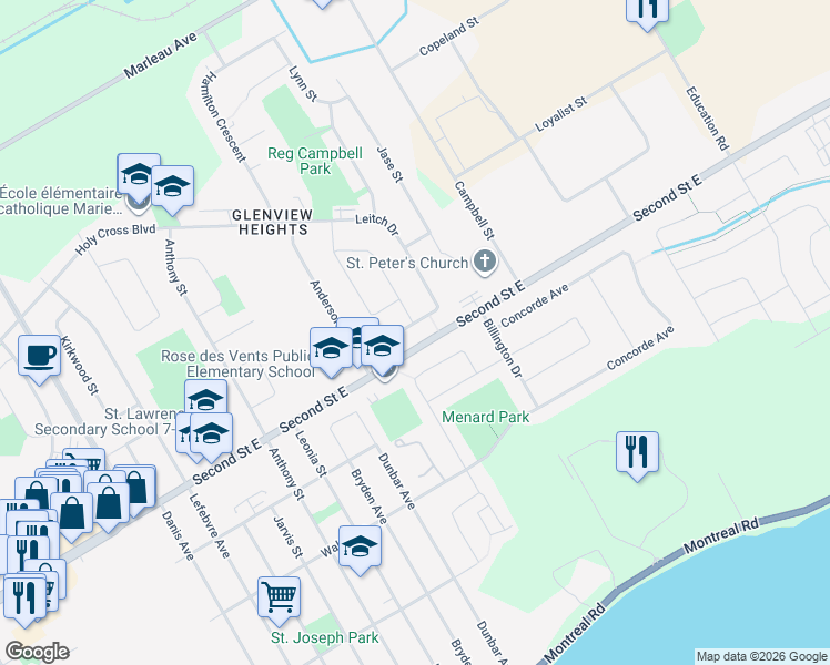 map of restaurants, bars, coffee shops, grocery stores, and more near 1825 Shearer Avenue in Cornwall