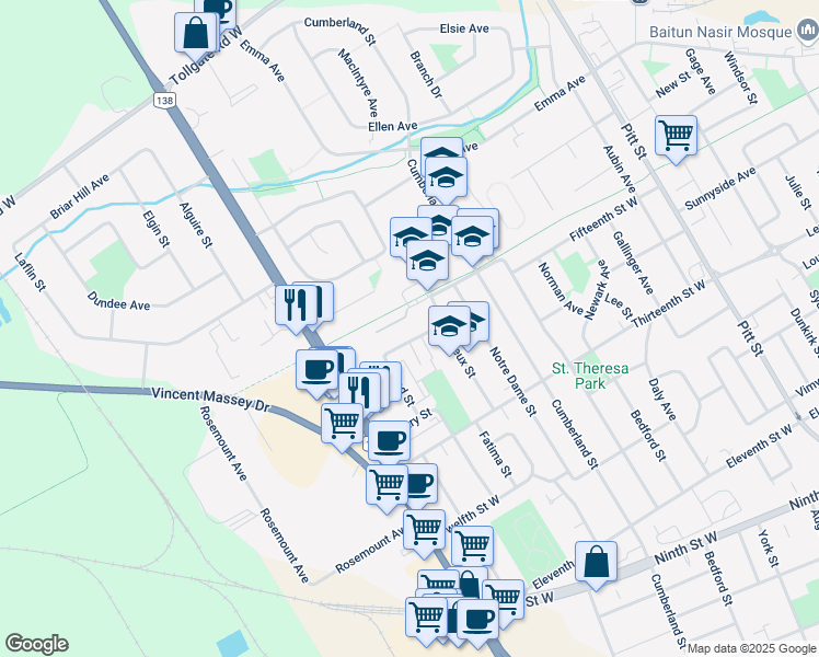 map of restaurants, bars, coffee shops, grocery stores, and more near 525 Fourteenth Street West in Cornwall