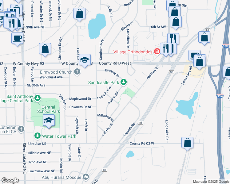 map of restaurants, bars, coffee shops, grocery stores, and more near 3041 Patton Road in Roseville
