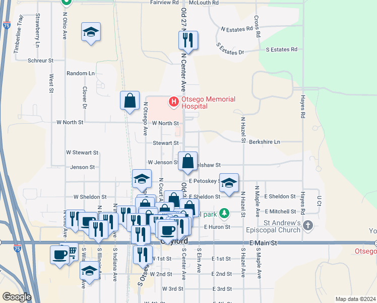map of restaurants, bars, coffee shops, grocery stores, and more near 520 Old 27 North in Gaylord