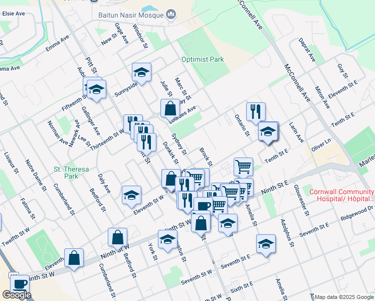 map of restaurants, bars, coffee shops, grocery stores, and more near 1178 Sydney Street in Cornwall