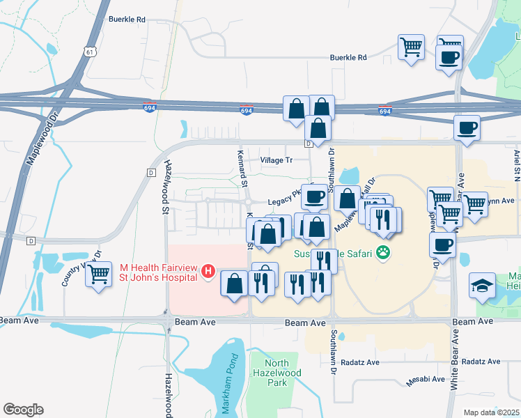 map of restaurants, bars, coffee shops, grocery stores, and more near 1670 Legacy Parkway East in Maplewood