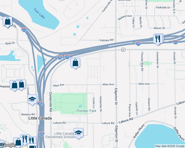 map of restaurants, bars, coffee shops, grocery stores, and more near 3034 Desoto Street in Little Canada