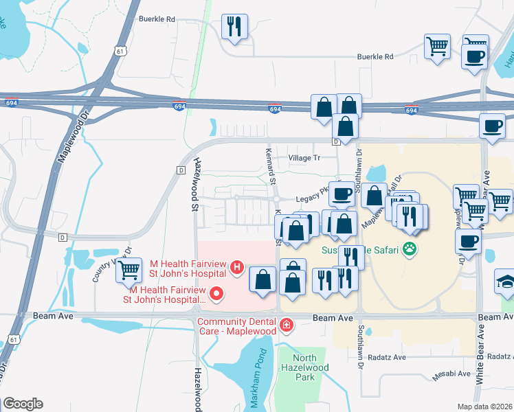 map of restaurants, bars, coffee shops, grocery stores, and more near 1624 Legacy Parkway East in Saint Paul