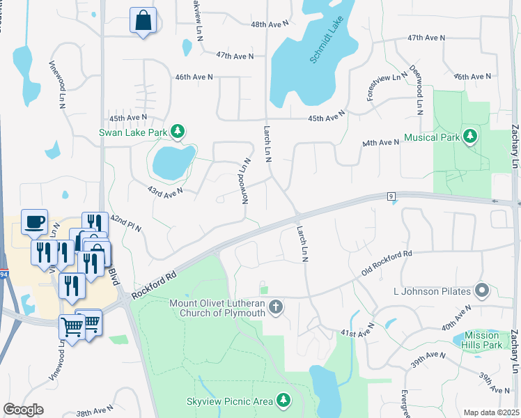 map of restaurants, bars, coffee shops, grocery stores, and more near 4255 Larch Place North in Minneapolis