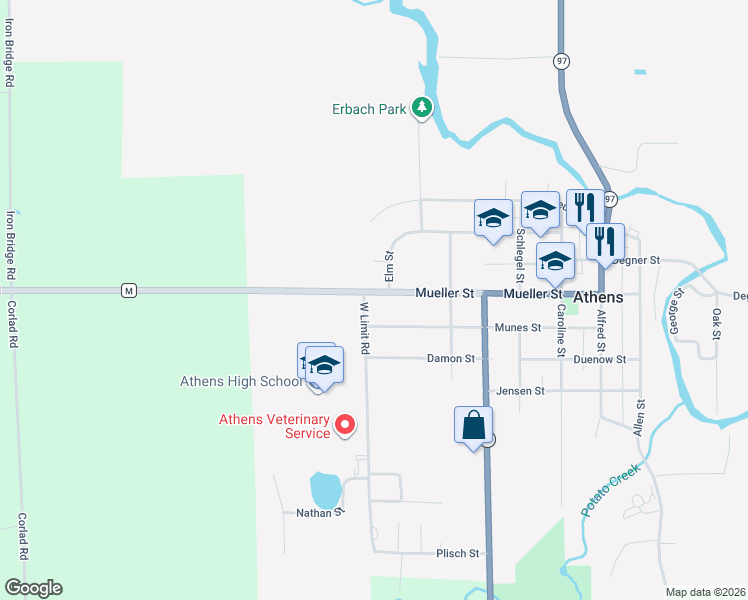 map of restaurants, bars, coffee shops, grocery stores, and more near 713 Mueller Street in Athens