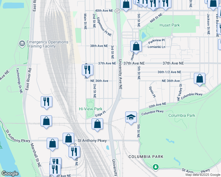 map of restaurants, bars, coffee shops, grocery stores, and more near 3534 3rd Street Northeast in Minneapolis
