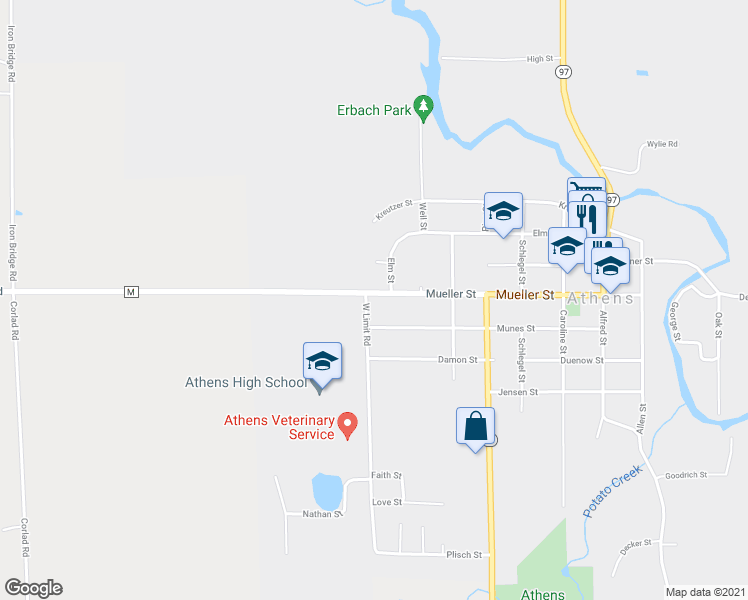 map of restaurants, bars, coffee shops, grocery stores, and more near 713 Mueller Street in Athens