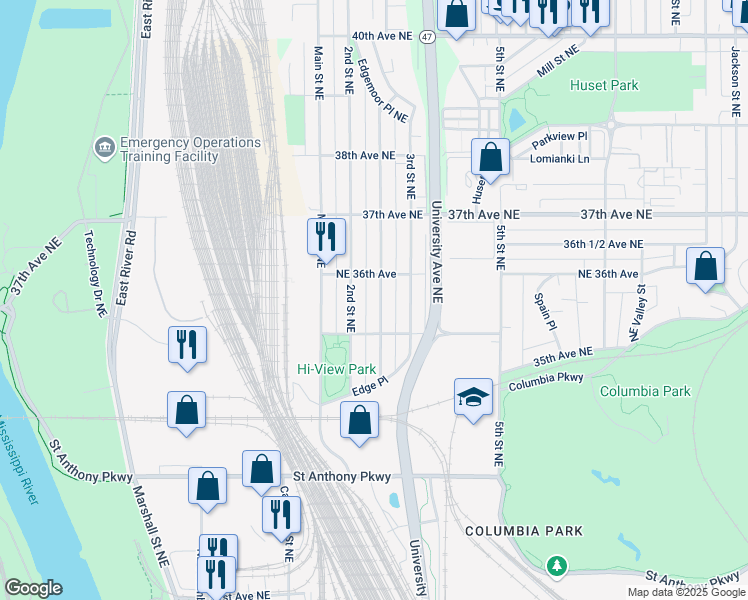 map of restaurants, bars, coffee shops, grocery stores, and more near 3534 2 1/2 Street Northeast in Minneapolis