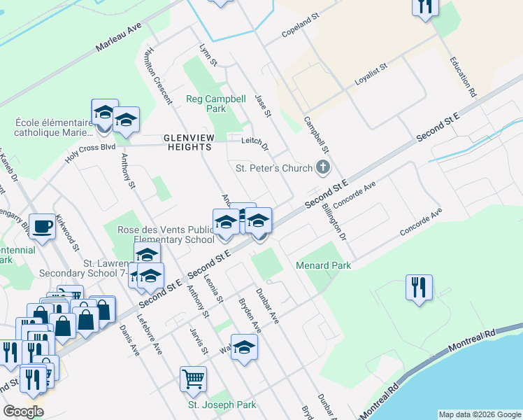 map of restaurants, bars, coffee shops, grocery stores, and more near 1814 Shearer Avenue in Cornwall