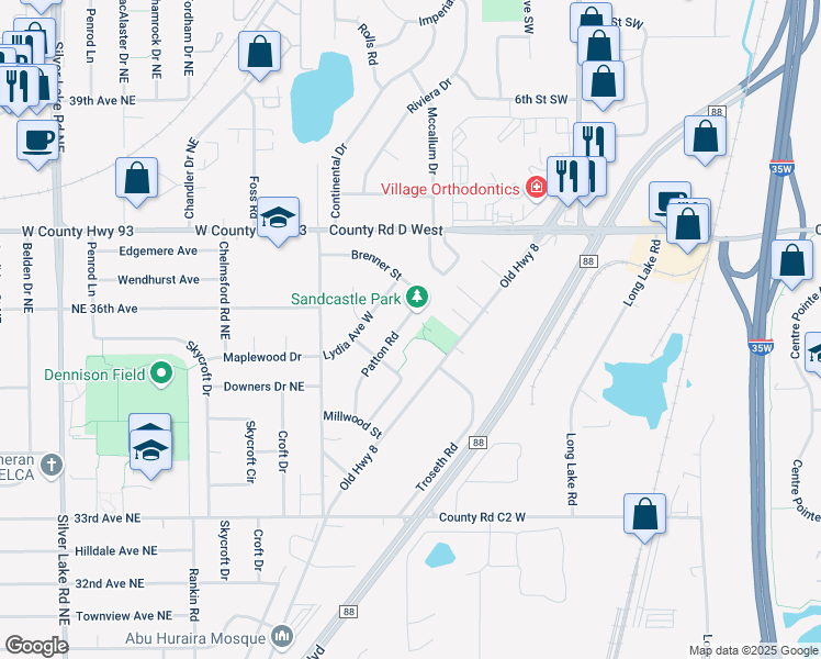 map of restaurants, bars, coffee shops, grocery stores, and more near 3052 Patton Road in Roseville