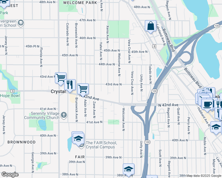 map of restaurants, bars, coffee shops, grocery stores, and more near 4238 Xenia Avenue North in Minneapolis